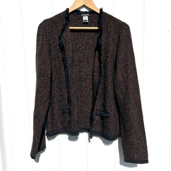 Ann Taylor Cardigan Sweater Orange Pink Black Open Fringe Knit Large - Picture 1 of 6